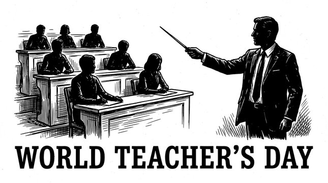 Vintage style illustration of teacher lecturing students for World Teacher's Day.