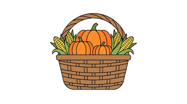 Wicker basket filled with harvest pumpkins and corn.