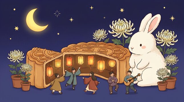 Whimsical Mid Autumn Festival illustration with giant rabbit and families among mooncakes.