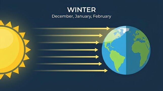 Winter season Earth orbit and sun rays diagram.