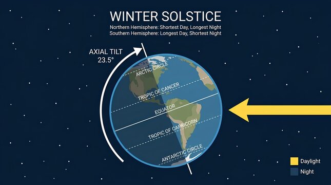 Winter Solstice diagram showing Earth's axial tilt and sunlight distribution on planet.