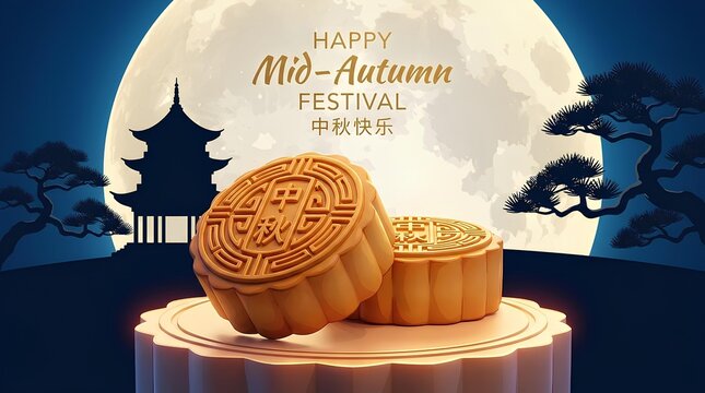 Traditional mooncakes for Mid Autumn Festival. Oriental aesthetic with full moon and pagoda silhouette background.