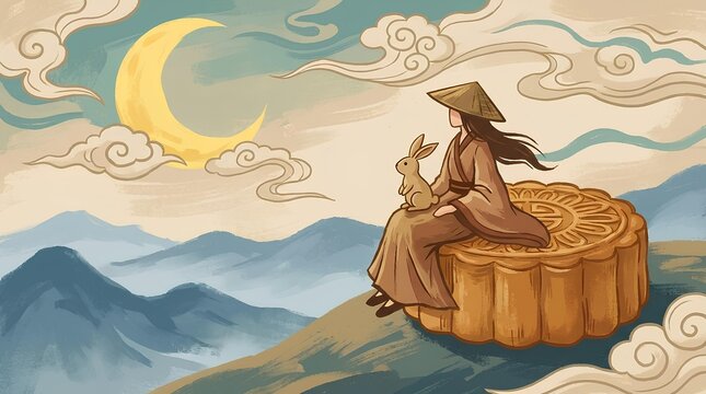 Traditional painting of a figure on a mooncake with moon landscape.