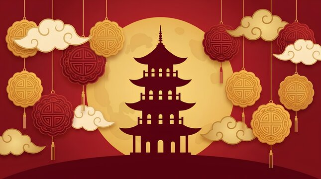 Traditional red and gold Chinese Mid-Autumn Festival background with pagoda and moon.