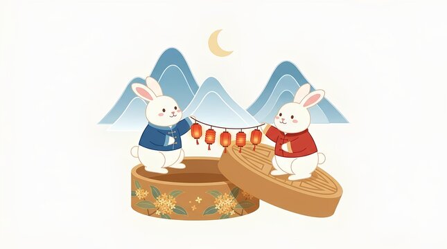 Two cute rabbits with mooncake box and mountains for Mid-Autumn Festival.