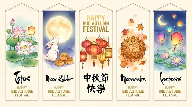 Vertical banner collection for Mid-Autumn Festival with lotus moon rabbit lanterns and mooncakes.