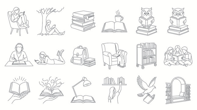 Reading and Education Black  White Line Art Illustrations Set: Books, Readers, Library, and Knowledge Doodles