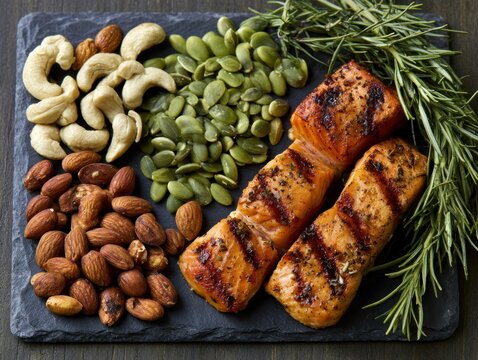 Grilled salmon fillets with almonds cashews and pumpkin seeds on slate