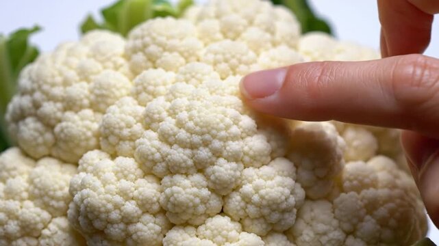 Close-up macro shot of a textured cauliflower floret with a finger pointing to its intricate pattern