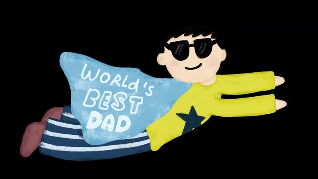 Cute hand drawn watercolor crayon world best dad superhero flying cartoon doodle illustration animation alpha transparent transition video happy fathers day