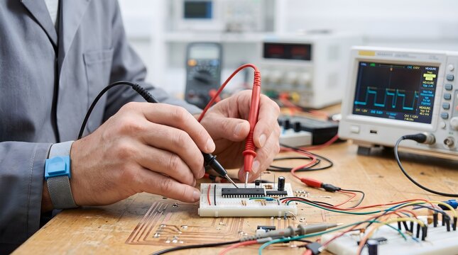 Close-up of Technician hands using multimeter probes on a breadboard microchip in an electronics workshop with oscilloscope background - precision work