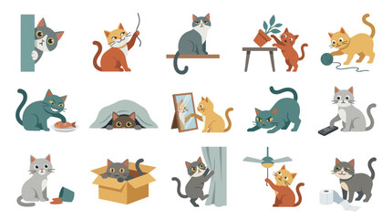 Obraz premium Cute Cartoon Cats Collection - Flat Design, Vector Illustrations of Feline Animals