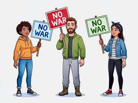 Diverse Cartoon Protesters Holding No War Signs for Peace on a White Background