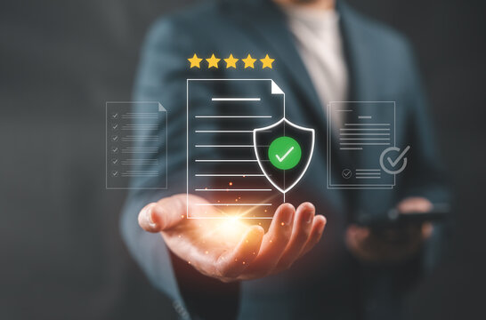 Quality assurance and compliance certification concept with five star rating, approved documents and security shield. Business standards, audit management, quality control and customer satisfaction.
