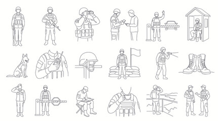Obraz premium Military and Security Personnel Line Art Icons Set - Black and White Army Soldier Illustrations