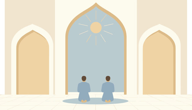 Peaceful illustration of two Muslim men praying inside a beautiful mosque with high archways under a serene sunlit sky.