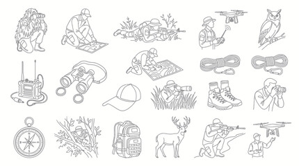 Obraz premium Outdoor Adventure, Wildlife Hunting Line Art Icons Set. Nature Exploration, Surveillance Observation Outline Collection.