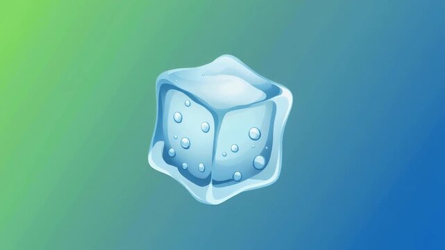 Ice Cube Illustration with Clear Water Droplets Slowly Rotating Against a Refreshing Green and Blue Gradient Background