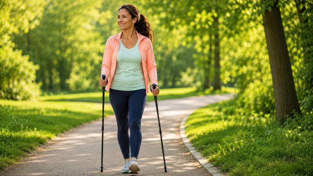 Smiling active woman enjoying Nordic walking with trekking poles on a sunny path in a lush green park.