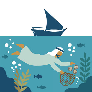 Of an arab man in traditional clothing diving underwater to collect oysters with a net, with a dhow boat on the surface