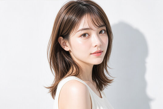 シースルーバングとブラウンの瞳、艶やかなミディアムヘアが特徴の日本人女性の美容ポートレート