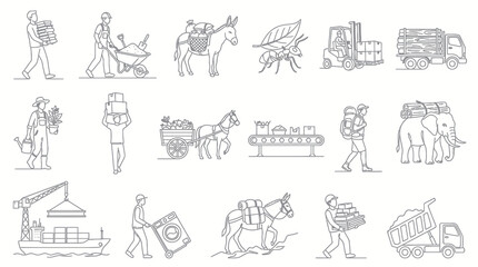 Naklejka premium Transportation, Logistics, Labor Delivery Methods: Black Line Art Icon Set
