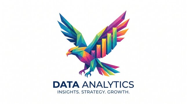 Geometric eagle logo with colorful bar chart wings representing data analytics and business growth.