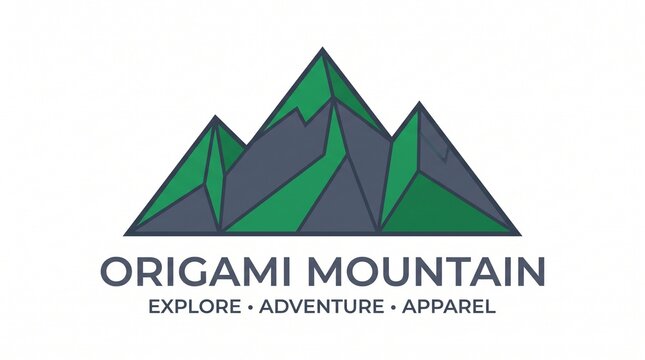 Origami mountain range logo with green and grey peaks for outdoor adventure apparel brand.