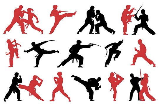 Martial arts silhouettes combat poses high resolution picture
