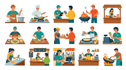 Fototapeta premium Flat Illustration of Food Service People Cooking, Serving, and Cleaning