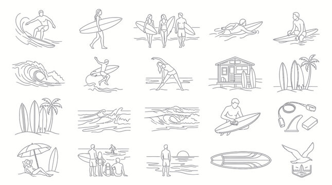 Black and White Line Art Surfing Icons: People, Waves, Boards, Beach, and Accessories