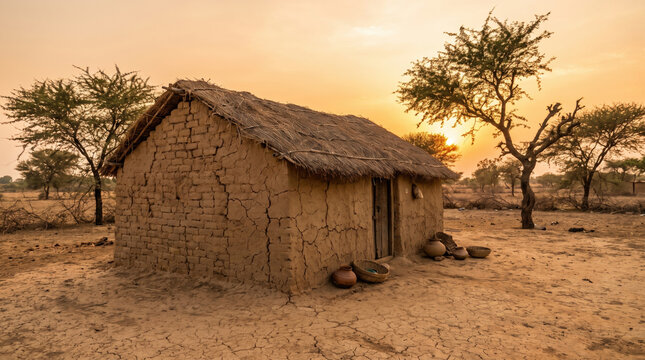 Desert hut made of mud with thatched roof at sunset in dry landscape with sparse trees and clay pots