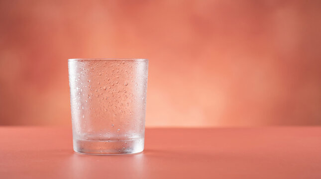 Dew covered chilled glass on orange surface with soft warm background creating refreshing mood