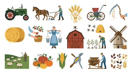 Fototapeta premium Flat Vector Agriculture and Farming Elements Collection. Rustic Rural Life and Harvest Illustrations Set