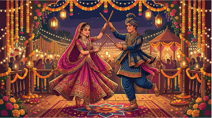 Fototapeta premium Couple dancing Garba with dandiya sticks in traditional attire.