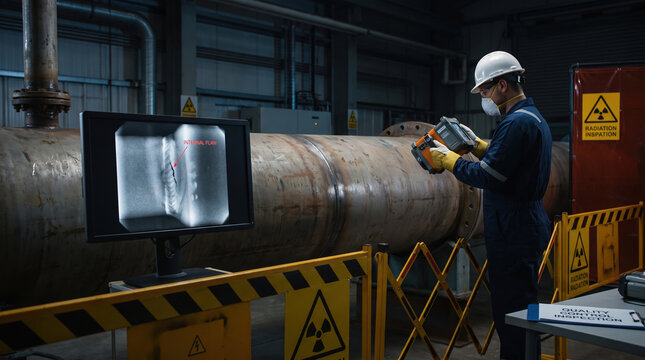 Gamma radiation inspection of industrial pipe weld with technician wearing protective gear in factory