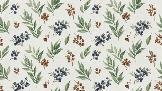 Watercolor botanical seamless pattern background with green leaves and blue berries