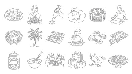 Fototapeta premium Black and White Line Art Doodle Icons for Traditional Middle Eastern Eid Sweets, Baking, and Celebration