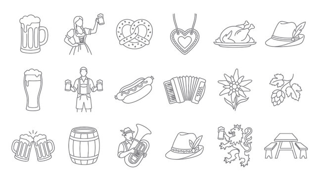 Oktoberfest German Bavarian Festival Food and Drink Line Art Icons Set. Culture, Beer, and Traditional Symbols.