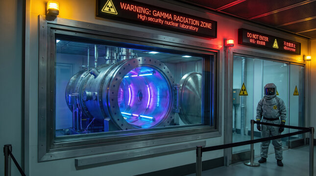 Gamma radiation warning zone with high security nuclear laboratory and person in protective suit standing near restricted area