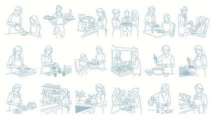 Naklejka premium Black White Line Art of Food Service and Hospitality Staff Serving Customers