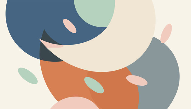 Abstract geometric composition of colorful overlapping circles and ovals in muted pastel shades on a light background.