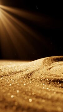 Golden sand pouring in slow motion with sunbeams, abstract background texture, macro detail