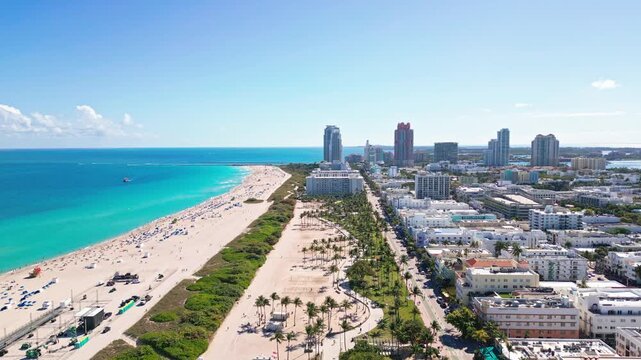 Summer vacation on Miami. Miami Beach skyline. Miami coastline from drone. Miami city panorama with skyscrapers.