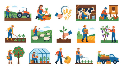 Fototapeta premium Farming and Agriculture Vector Icons: Farmers, Crops, Livestock, and Machinery