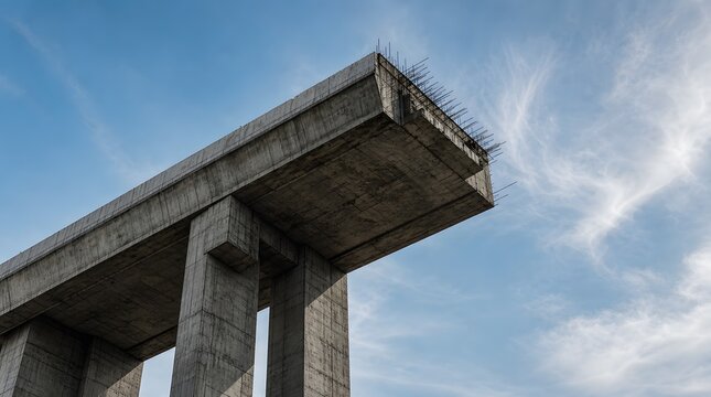 Unfinished concrete bridge overpass structure with exposed rebar.