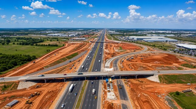 Aerial view of a modern highway interchange under construction with red soil and overpass bridge.