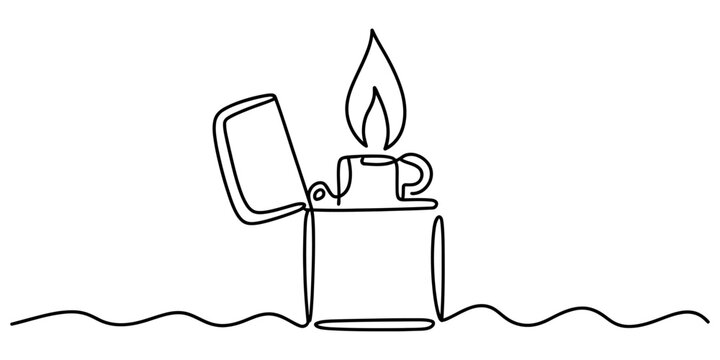 Continuous single line drawing of a metal lighter with a small burning flame