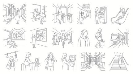 Fototapeta premium Black and White Line Art of People in Public Transportation Subway Station