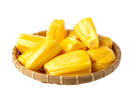peeled Jackfruit on a woven bamboo plate isolated on transparent png